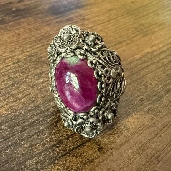 Vintage Sterling Silver Filigree Ring Size 8.5 DGS 925 Turkey Ruby Zoisite Cab